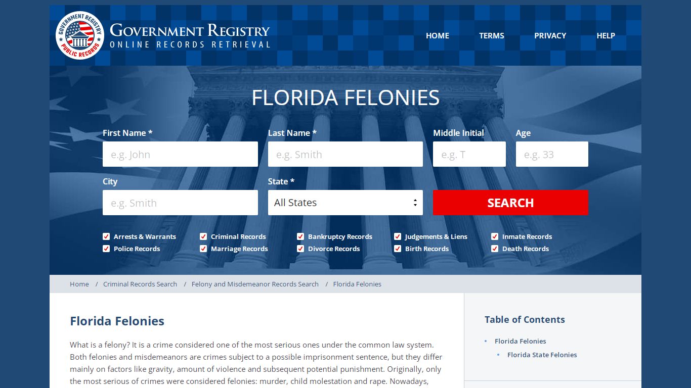 Florida State Felonies - GovernmentRegistry.Org